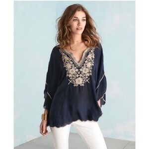 Johnny Was Blouse Embroidered Georgette Poncho Tunic in Blue